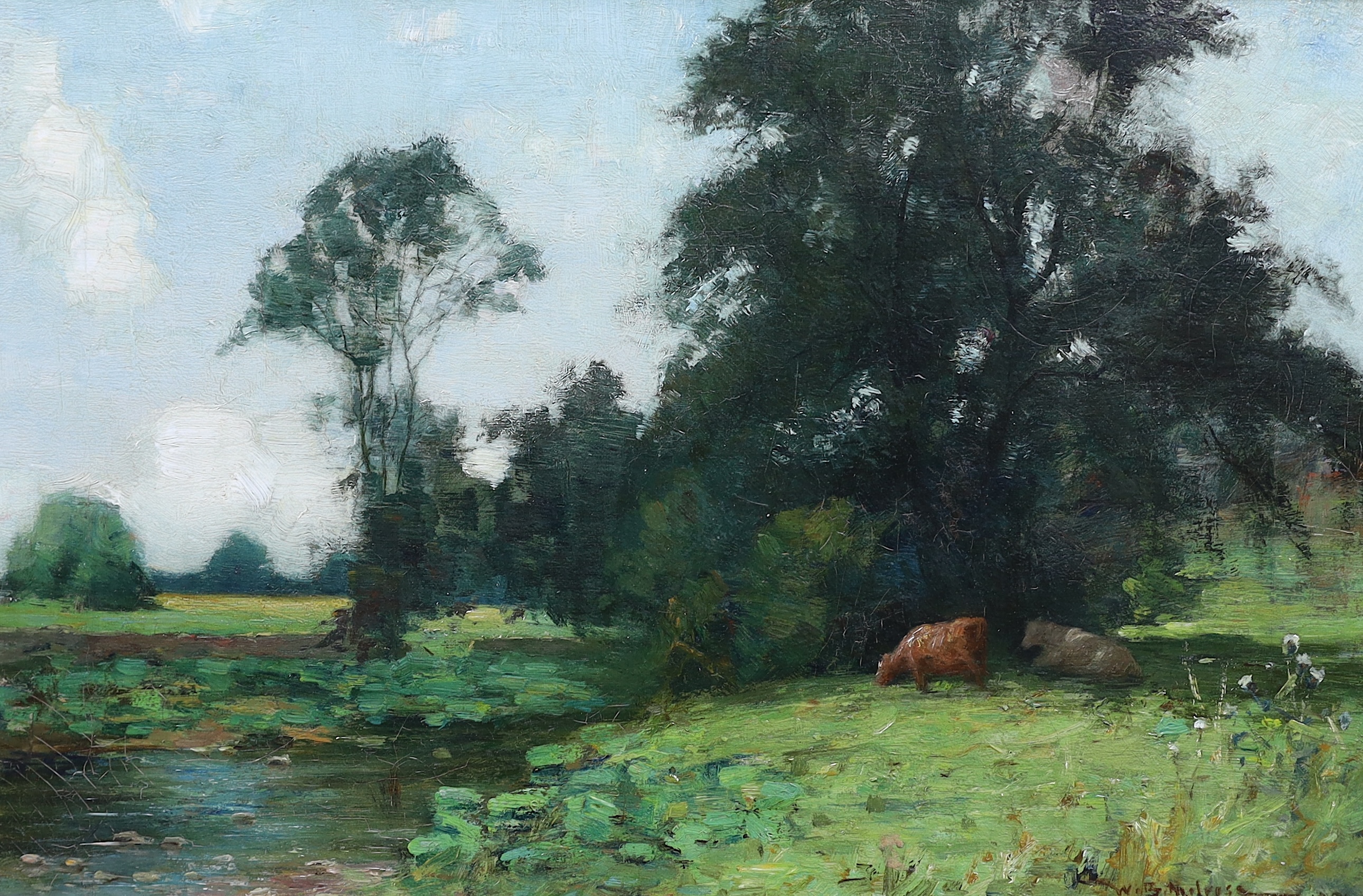 Walter Brodie Melrose (19th C.), oil on canvas, 'Cattle by a stream, 1894', signed and dated 1894, 29 x 44cm. Condition - good, some surface dirt